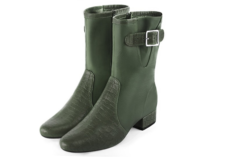 Bottines femme boucles sur les côtés vert bouteille. Bout rond. Talon bottier de 3.5 cm - Vue avant