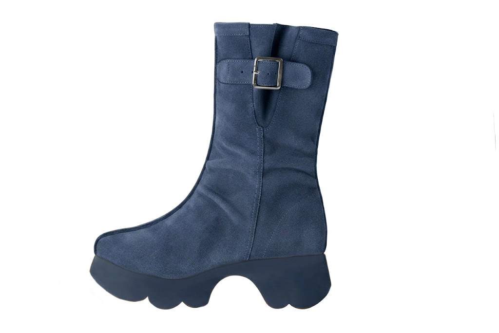 Bottines avec un zip intérieur pour femme en cuir bleu denim avec bout rond et semelle épaisse et sculpturale en gomme - Vue de profil