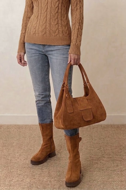 Bottines habillées femme zip côté intérieur en cuir marron caramel à semelle en gomme et bout rond - Vue porté