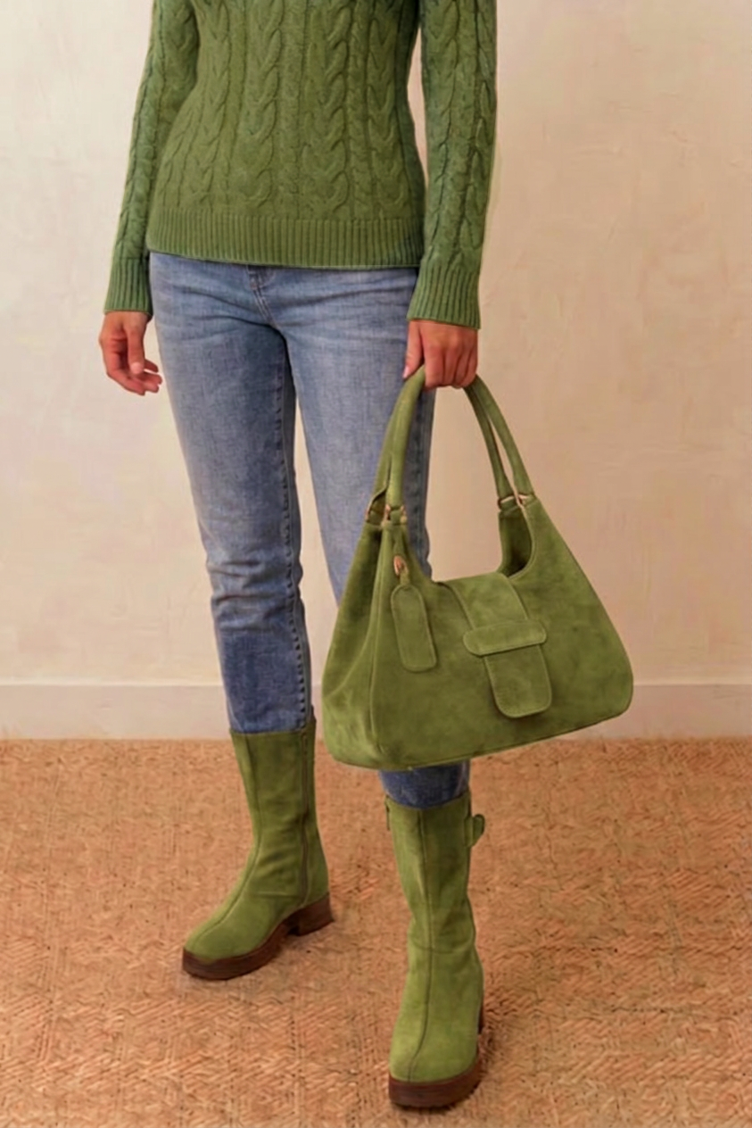 Bottines avec un zip intérieur pour femme en cuir vert pistache avec bout rond et semelle épaisse et sculpturale en gomme - Vue porté