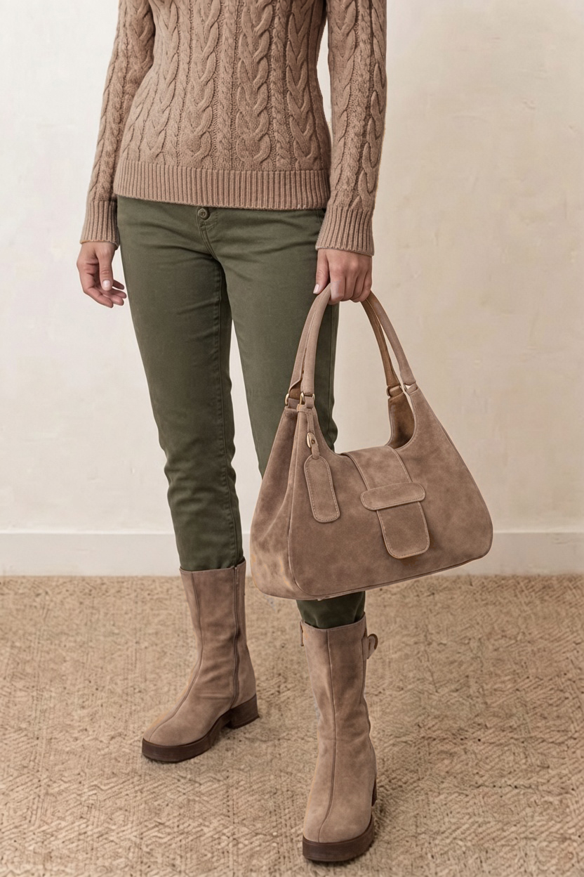 Bottines avec un zip intérieur pour femme en cuir nude avec bout rond et semelle épaisse et sculpturale en gomme - Vue porté