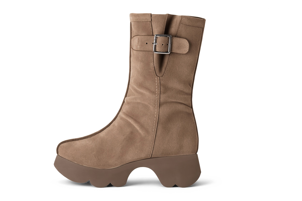 Bottines avec un zip intérieur pour femme en cuir nude avec bout rond et semelle épaisse et sculpturale en gomme - Vue de profil