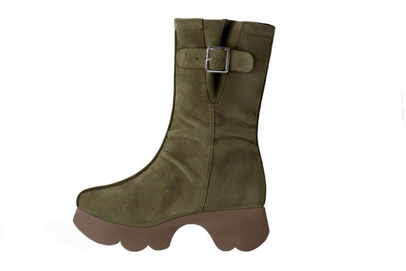Bottines avec un zip intérieur pour femme en cuir kaki avec bout rond et semelle épaisse et sculpturale en gomme - Vue de profil