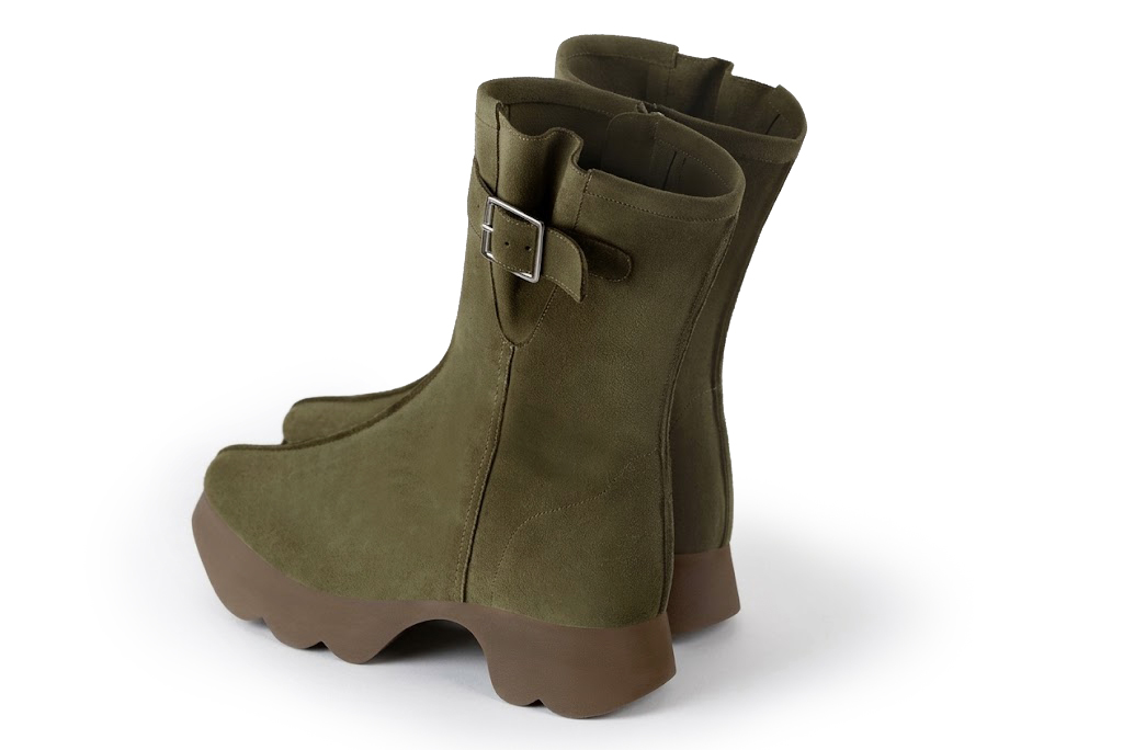 Bottines avec un zip intérieur pour femme en cuir kaki avec bout rond et semelle épaisse et sculpturale en gomme - Vue arrière