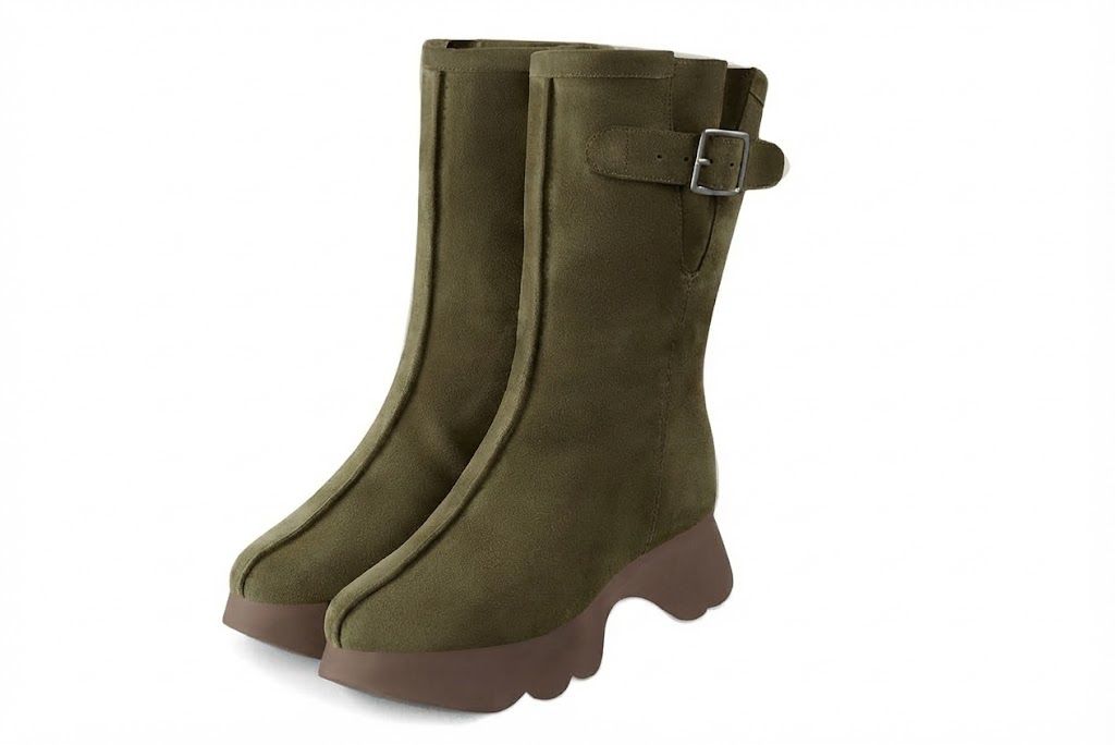 Bottines avec un zip intérieur pour femme en cuir kaki avec bout rond et semelle épaisse et sculpturale en gomme - Vue avant