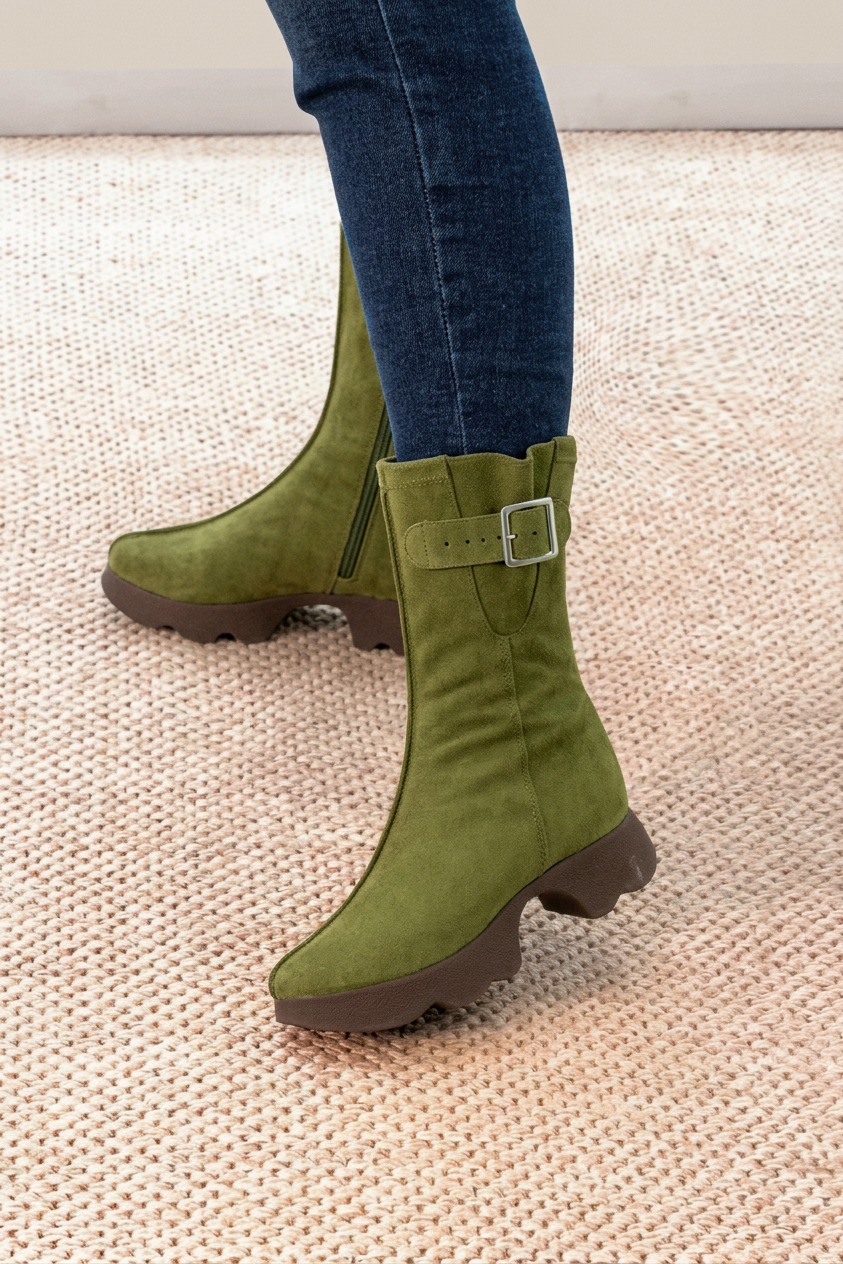 Bottines avec un zip intérieur pour femme en cuir vert pistache avec bout rond et semelle épaisse et sculpturale en gomme - Vue du dessus