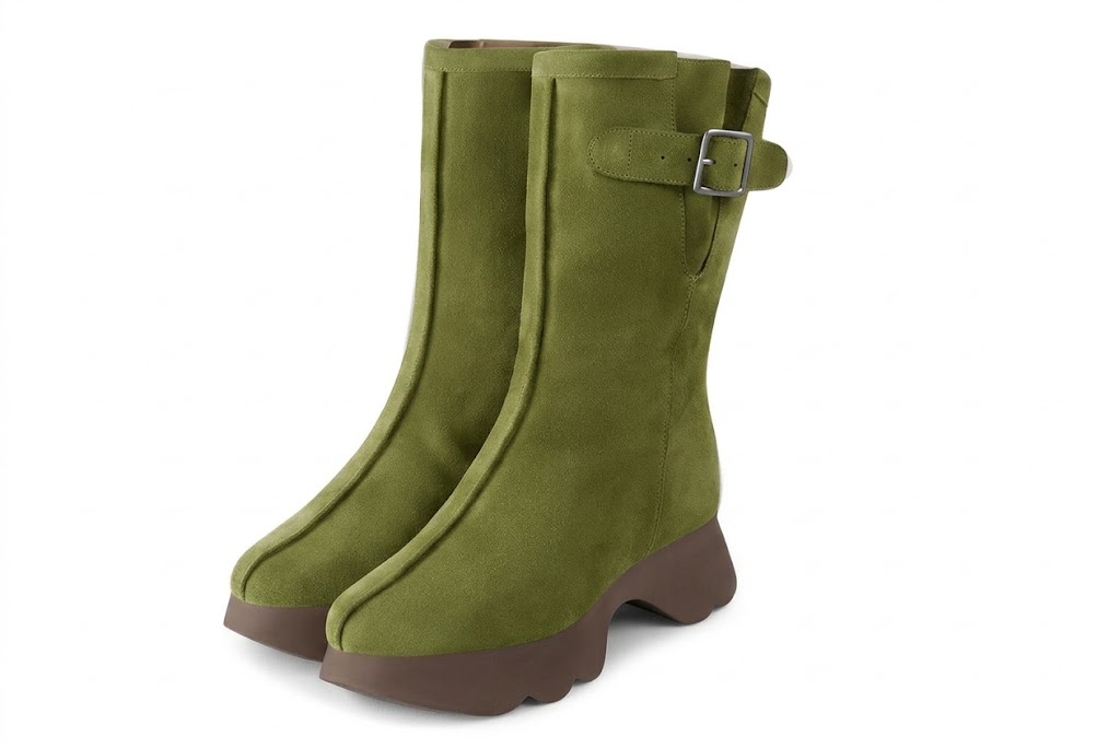 Bottines avec un zip intérieur pour femme en cuir vert pistache avec bout rond et semelle épaisse et sculpturale en gomme - Vue avant