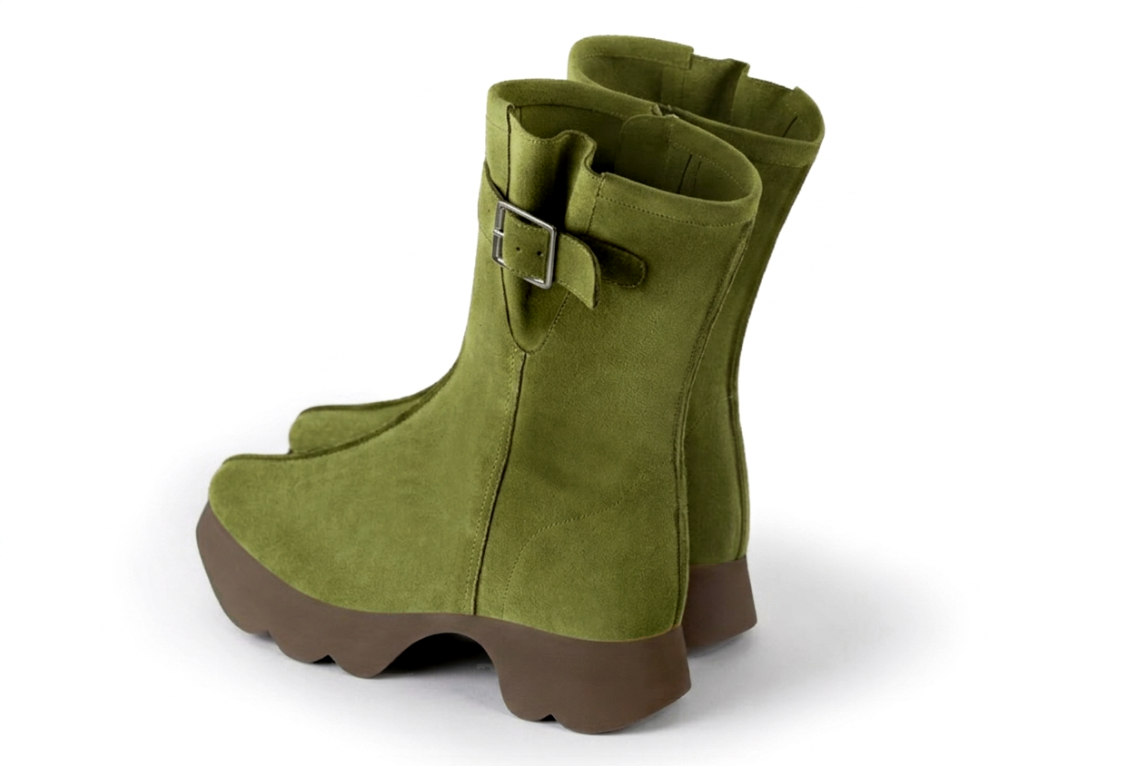 Bottines avec un zip intérieur pour femme en cuir vert pistache avec bout rond et semelle épaisse et sculpturale en gomme - Vue arrière