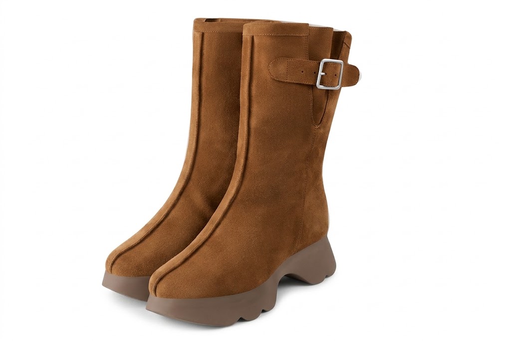 Bottines avec un zip intérieur pour femme en cuir cognac avec bout rond et semelle épaisse et sculpturale en gomme - Vue avant