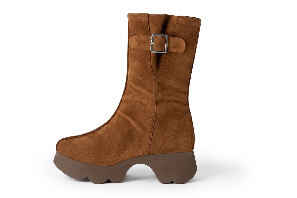 Bottines avec un zip intérieur pour femme en cuir cognac avec bout rond et semelle épaisse et sculpturale en gomme - Vue de profil