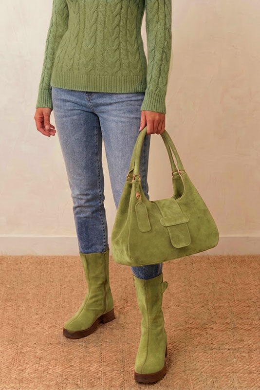 Bottines habillées femme zip côté intérieur en cuir vert pistache à semelle en gomme et bout rond - Vue porté