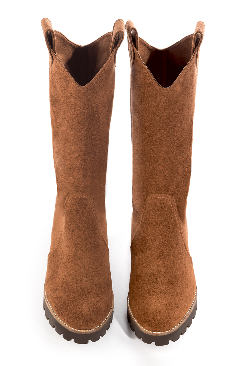 Mi-bottes femme sur mesure marron caramel. Bout rond. Semelle en gomme - Vue du dessus