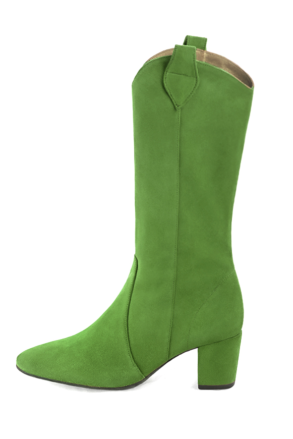 Mi-botte femme :  couleur vert anis. Bout rond. Talon mi-haut bottier. Vue de profil - Florence KOOIJMAN