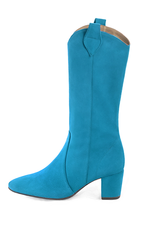 Mi-botte femme :  couleur bleu turquoise. Bout rond. Talon mi-haut bottier. Vue de profil - Florence KOOIJMAN