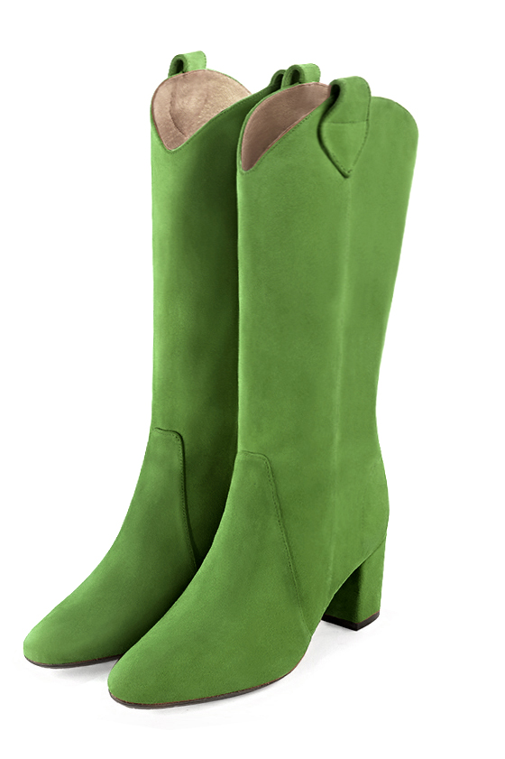 Mi-botte femme :  couleur vert anis. Bout rond. Talon mi-haut bottier. Vue avant - Florence KOOIJMAN