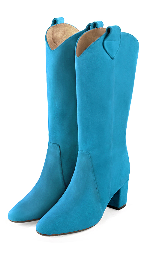 Mi-botte femme :  couleur bleu turquoise. Bout rond. Talon mi-haut bottier. Vue avant - Florence KOOIJMAN