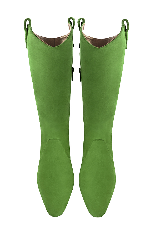 Mi-botte femme :  couleur vert anis. Bout rond. Talon mi-haut bottier. Vue du dessus - Florence KOOIJMAN