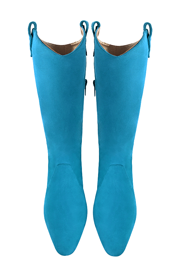 Mi-botte femme :  couleur bleu turquoise. Bout rond. Talon mi-haut bottier. Vue du dessus - Florence KOOIJMAN