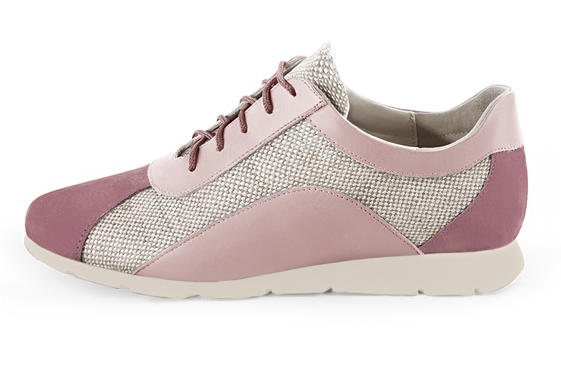 Chaussure femme à brides :  couleur rose vieux rose et blanc cassé. Bout rond. Semelle gomme talon plat. Vue de profil - Florence KOOIJMAN