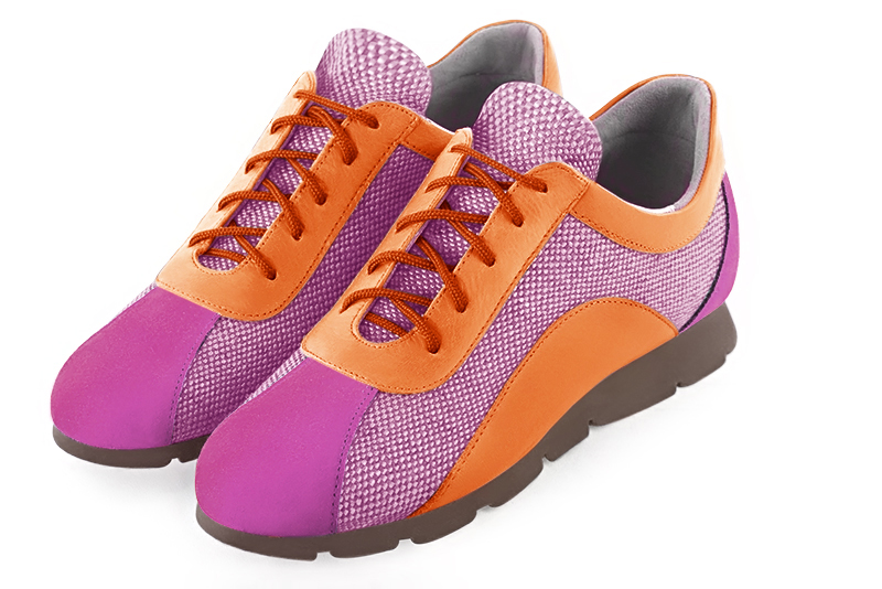 Basket femme : Sneaker femme bicolore urbain luxe couleur rose pivoine et orange abricot. Semelle fine. Dessus et doublure cuir. Personnalisable - Florence KOOIJMAN