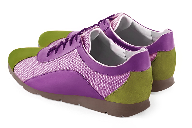 Chaussure femme à brides :  couleur vert pistache, rose pétunia et violet mauve. Bout rond. Semelle gomme talon plat. Vue arrière - Florence KOOIJMAN