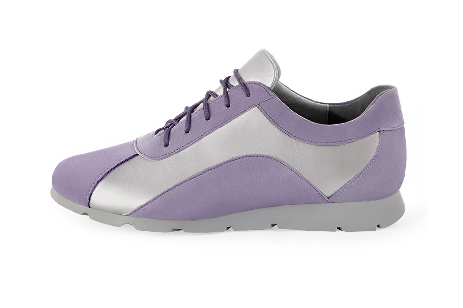 Basket femme habillée : Sneaker urbain tricolore couleur violet parme et argent platine. Semelle fine. Doublure cuir. Vue de profil - Florence KOOIJMAN