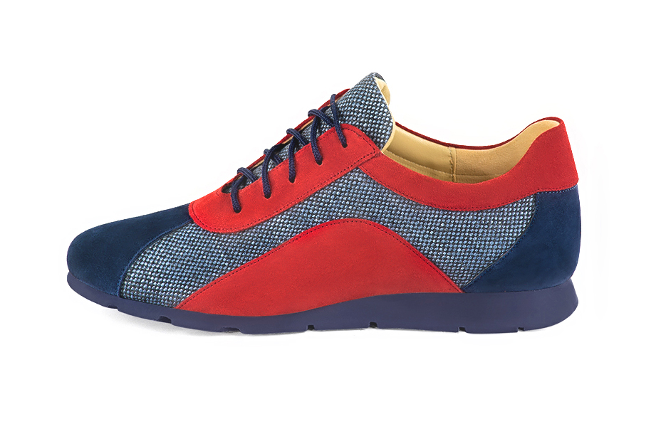Basket femme habillée : Sneaker urbain tricolore couleur bleu marine et rouge coquelicot. Semelle fine. Doublure cuir. Vue de profil - Florence KOOIJMAN