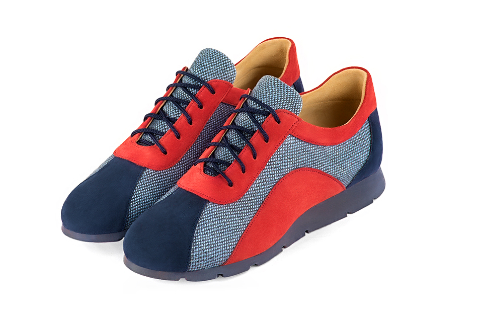 Basket femme habillée : Sneaker urbain tricolore couleur bleu marine et rouge coquelicot. Semelle fine. Doublure cuir Vue avant - Florence KOOIJMAN