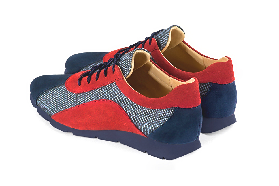 Basket femme habillée : Sneaker urbain tricolore couleur bleu marine et rouge coquelicot. Semelle fine. Doublure cuir. Vue arrière - Florence KOOIJMAN