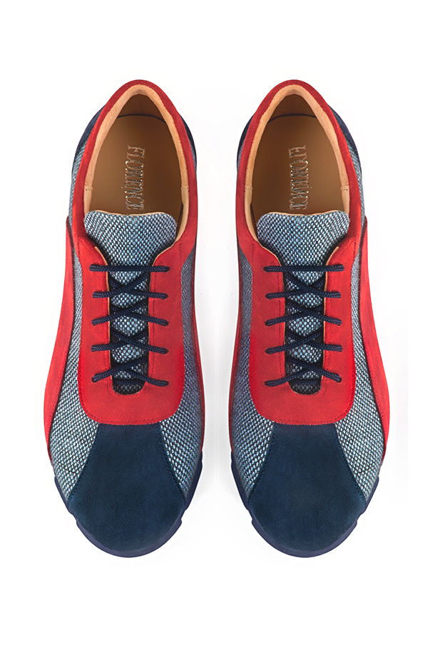 Basket femme habillée : Sneaker urbain tricolore couleur bleu marine et rouge coquelicot. Semelle fine. Doublure cuir. Vue du dessus - Florence KOOIJMAN