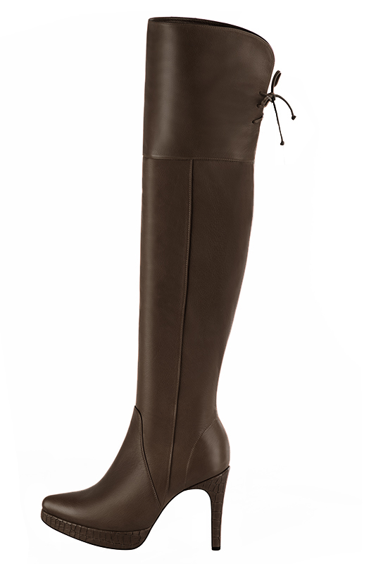 Cuissardes femme en cuir, élégantes et raffinées, réalisées sur mesures, coloris marron ébène. Bout effilé. Très haut. Talon fin. Plateforme à l'avant. Mollets fins ou larges. Personnalisation : Choix des cuirs, des couleurs et des talons. - Florence KOOIJMAN