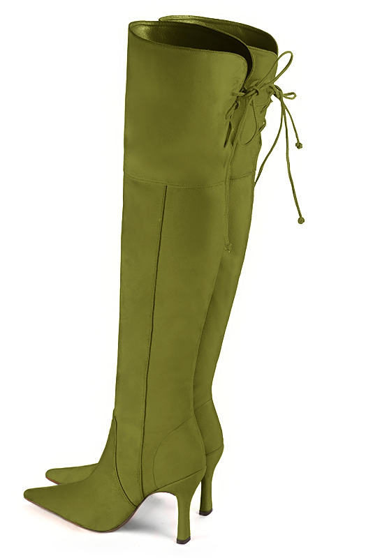 Cuissarde femme : Cuissardes femme en cuir sur mesures couleur vert pistache. Bout pointu. Talon très haut bobine. Vue arrière - Florence KOOIJMAN