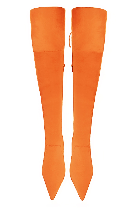 Cuissarde femme : Cuissardes femme en cuir sur mesures couleur orange abricot. Bout pointu. Talon très haut bobine. Vue du dessus - Florence KOOIJMAN