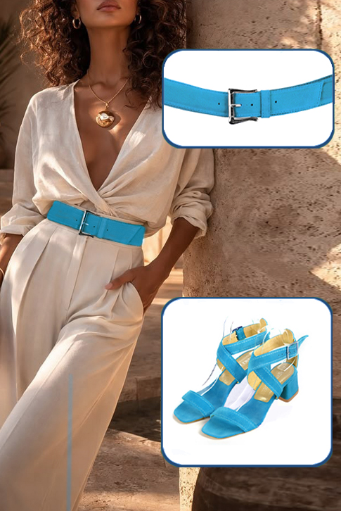 Sandales femme brides croisées complètement ouvertes bleu turquoise. Bout carré. Talon évasé de 4.5 cm - Vue du dessus