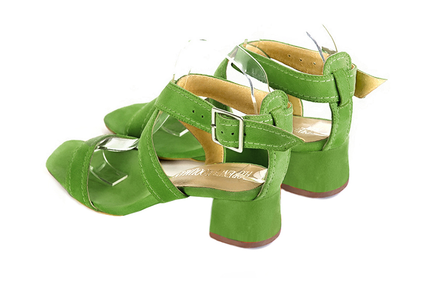 Sandales habillées femme brides croisées cuir vert anis à talon évasé de 4.5 cm et bout carré - Vue arrière