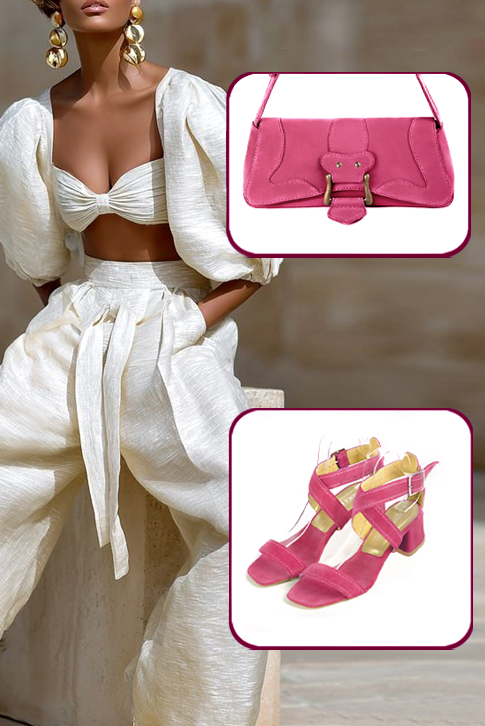 Sandales femme brides croisées complètement ouvertes rose fuchsia. Bout carré. Talon évasé de 4.5 cm - Vue porté
