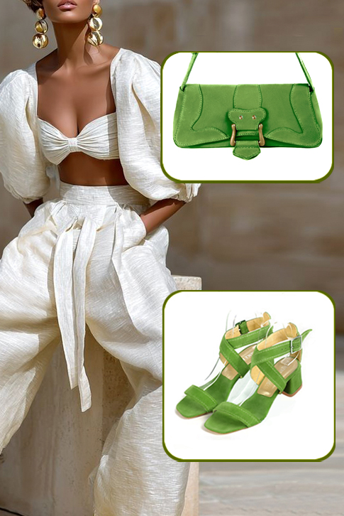 Sandales habillées femme brides croisées cuir vert anis à talon évasé de 4.5 cm et bout carré - Vue porté