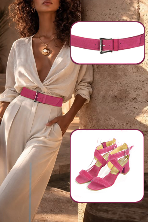 Sandales femme brides croisées complètement ouvertes rose fuchsia. Bout carré. Talon évasé de 4.5 cm - Vue du dessus