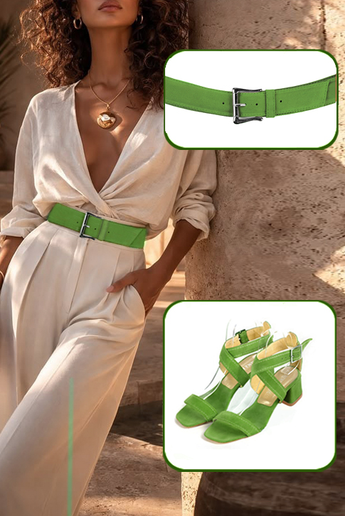 Sandales habillées femme brides croisées cuir vert anis à talon évasé de 4.5 cm et bout carré - Vue du dessus