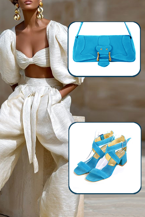 Sandales femme brides croisées complètement ouvertes bleu turquoise. Bout carré. Talon évasé de 4.5 cm - Vue porté