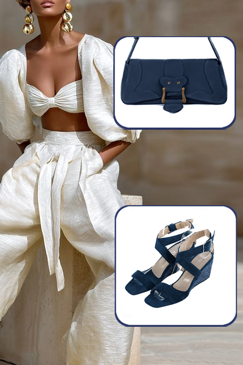 Sandales habillées femme brides croisées cuir bleu marine à talon compensé de 6 cm et bout carré - Vue du dessus