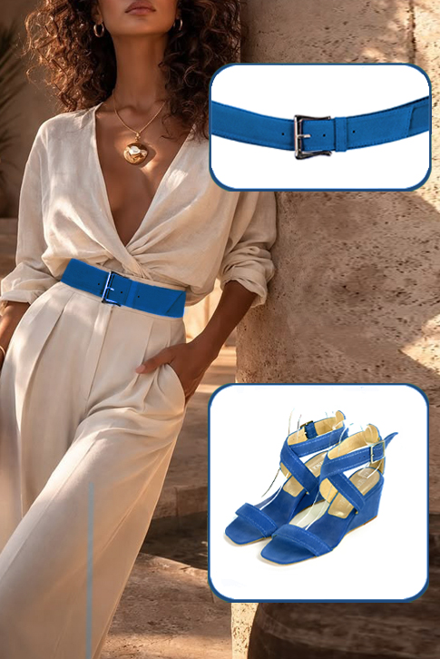 Sandales habillées femme brides croisées cuir bleu électrique à talon compensé de 6 cm et bout carré - Vue porté