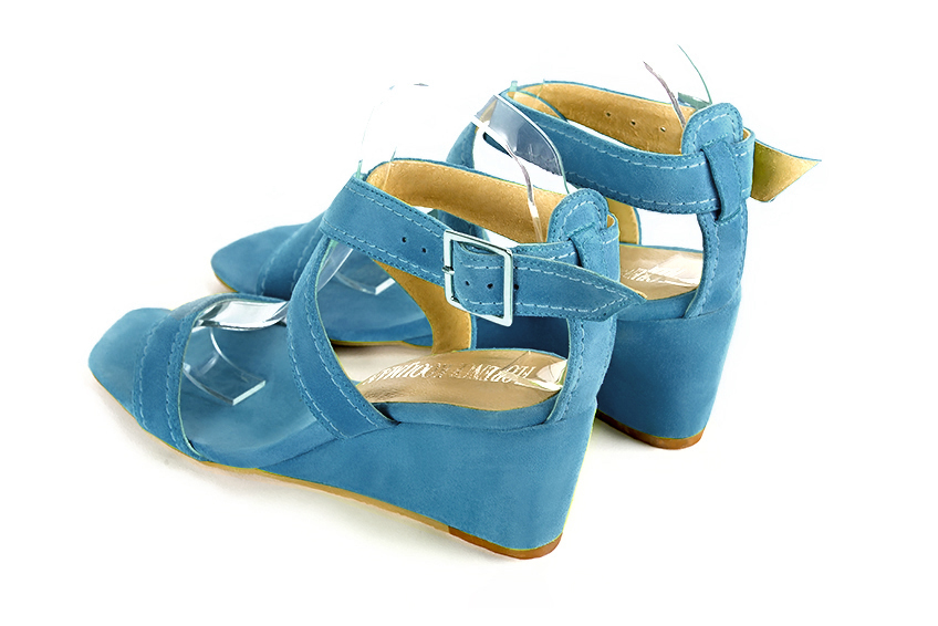 Sandales habillées femme brides croisées cuir bleu canard à talon compensé de 6 cm et bout carré - Vue arrière