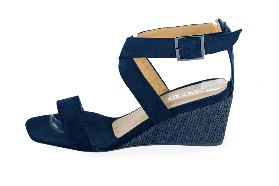 Sandales habillées femme brides croisées cuir bleu marine à talon compensé de 6 cm et bout carré - Vue de profil