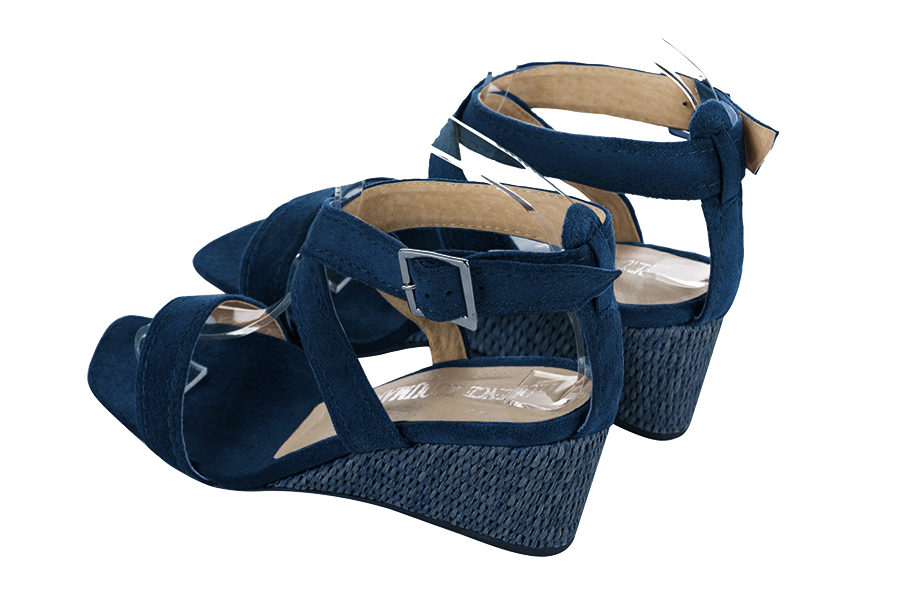Sandales habillées femme brides croisées cuir bleu marine à talon compensé de 6 cm et bout carré - Vue arrière