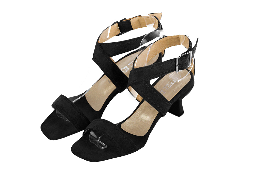 Sandales habillées femme brides croisées cuir noir mat à talon bobine de 5.5 cm et bout carré - Vue avant
