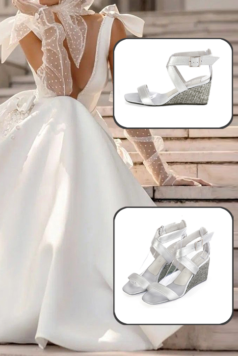 Sandales habillées femme brides croisées cuir argent à talon compensé de 6 cm et bout carré - Vue porté