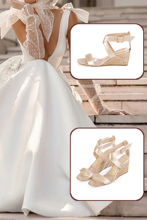 Sandales habillées femme brides croisées cuir or à talon compensé de 6 cm et bout carré - Vue porté