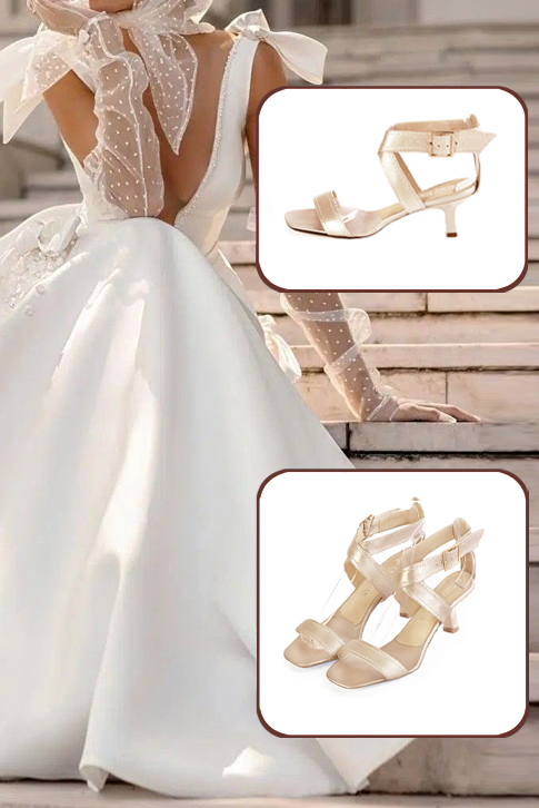 Sandales habillées femme brides croisées cuir or à talon bobine de 5.5 cm et bout carré - Vue porté
