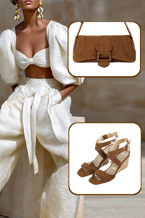 Sandales habillées femme brides croisées cuir marron caramel à talon compensé de 6 cm et bout carré - Vue du dessus